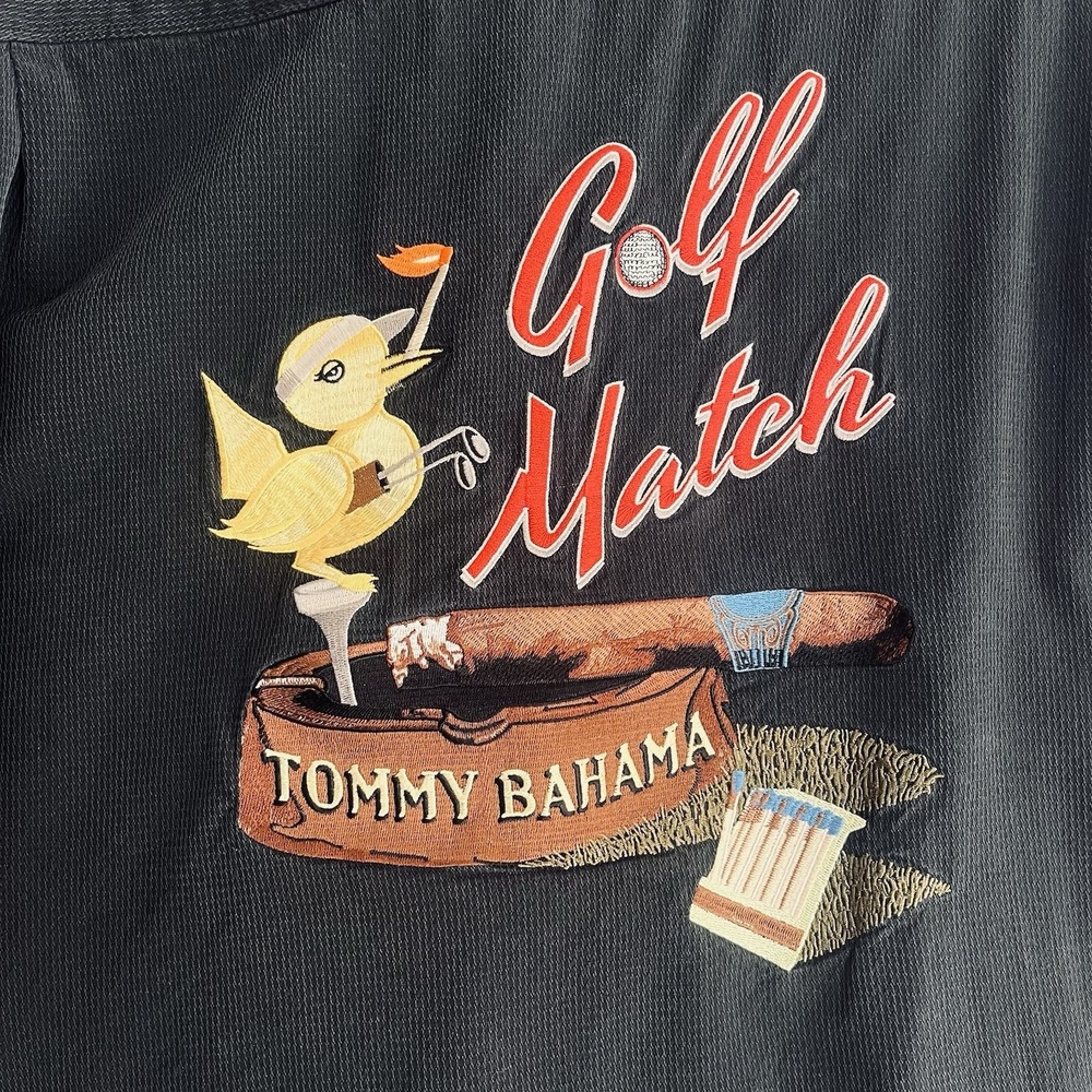 Black Tommy Bahama Embroidered 100% Silk Golf Match Camp Shirt Mens Size XL HTF